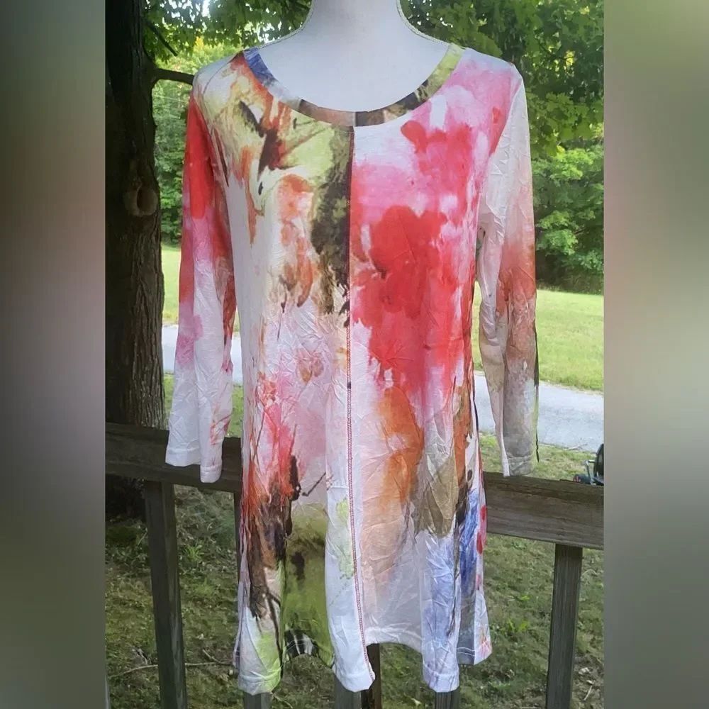 Parsley & Sage White Abstract Floral Scoop 3/4 Sleeve Artsy Tunic Top Size Small
